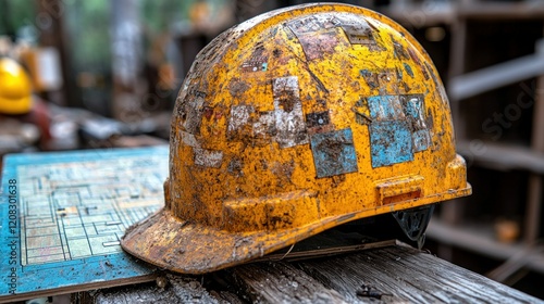 A Worn-Out Yellow Hard Hat Resting on a Blueprint