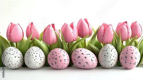 Easter celebration with pink tulips and decorative eggs for festive designs