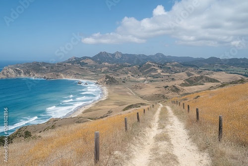 Majestic Panoramic Coastal View with Rugged Cliffs and Crashing Waves photo