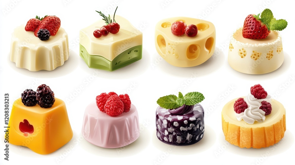 Assorted mini cheesecakes with berries and mint garnishes Assorted mini cheesecakes with berries and mint garnishes
