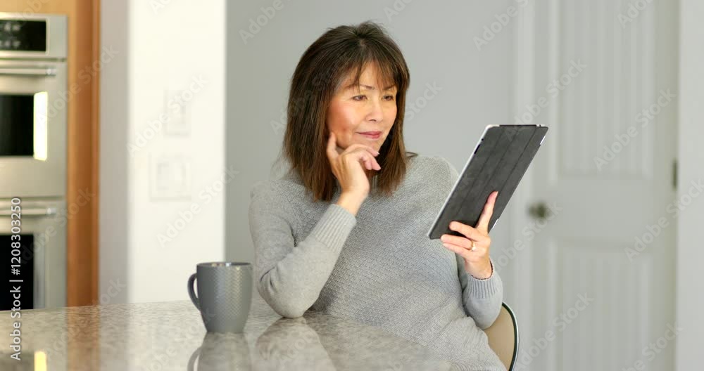 Woman relaxing reading email on mobile tablet sitting at home granite kitchen counter Woman relaxing reading email on mobile tablet sitting at home granite kitchen counter