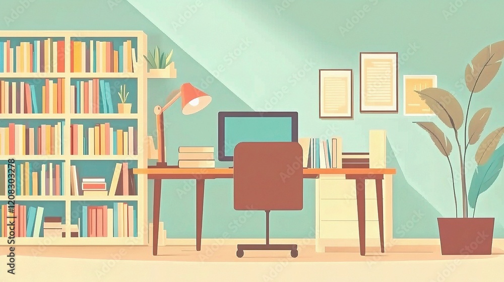 Fototapeta premium Modern Office Interior with Desk and Bookshelf for Online Meetings