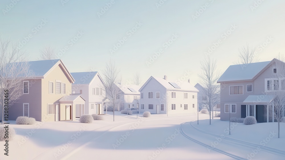 Snowy winter suburb with empty streets and snow-covered houses under clear sky Snowy winter suburb with empty streets and snow-covered houses under clear sky