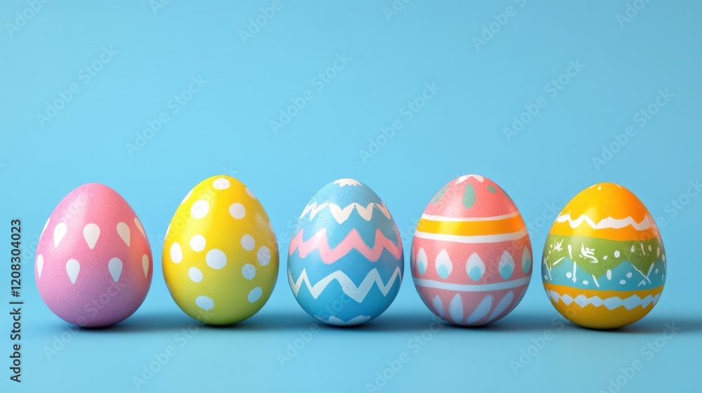 Colorful easter eggs display on bright blue background for festive decor Colorful easter eggs display on bright blue background for festive decor