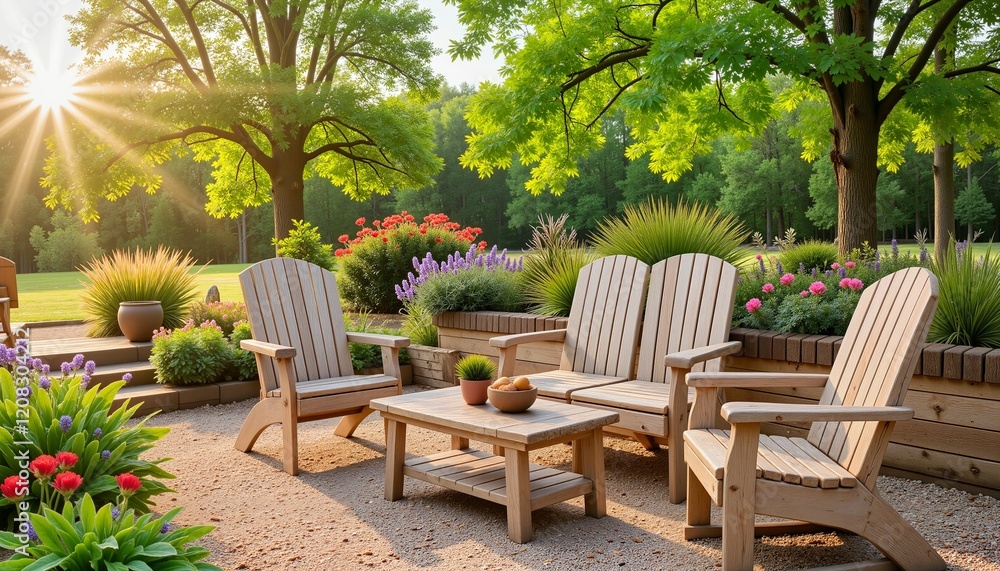 Rustic outdoor patio furniture in serene garden setting, fresh ambiance Rustic outdoor patio furniture in serene garden setting, fresh ambiance
