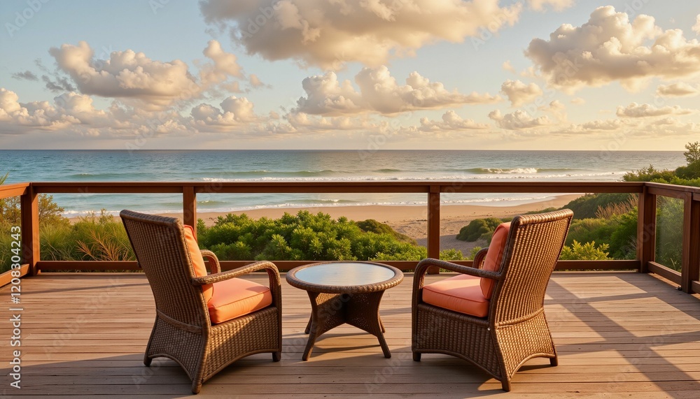 Serene outdoor patio furniture on beachside deck at golden hour, relaxation Serene outdoor patio furniture on beachside deck at golden hour, relaxation