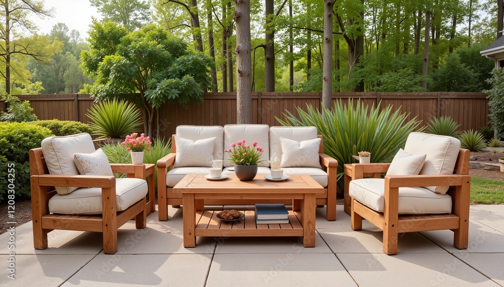 Fototapeta premium Cozy wooden patio furniture in lush greenery, outdoor relaxation