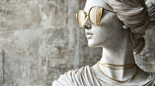 A refined bust sculpture adorned with oversized sunglasses captures a contemporary aesthetic that merges classical beauty with modern flair in a sophisticated environment. photo