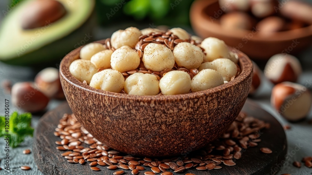 Creamy dumplings, flax seeds, hazelnuts, kitchen Creamy dumplings, flax seeds, hazelnuts, kitchen