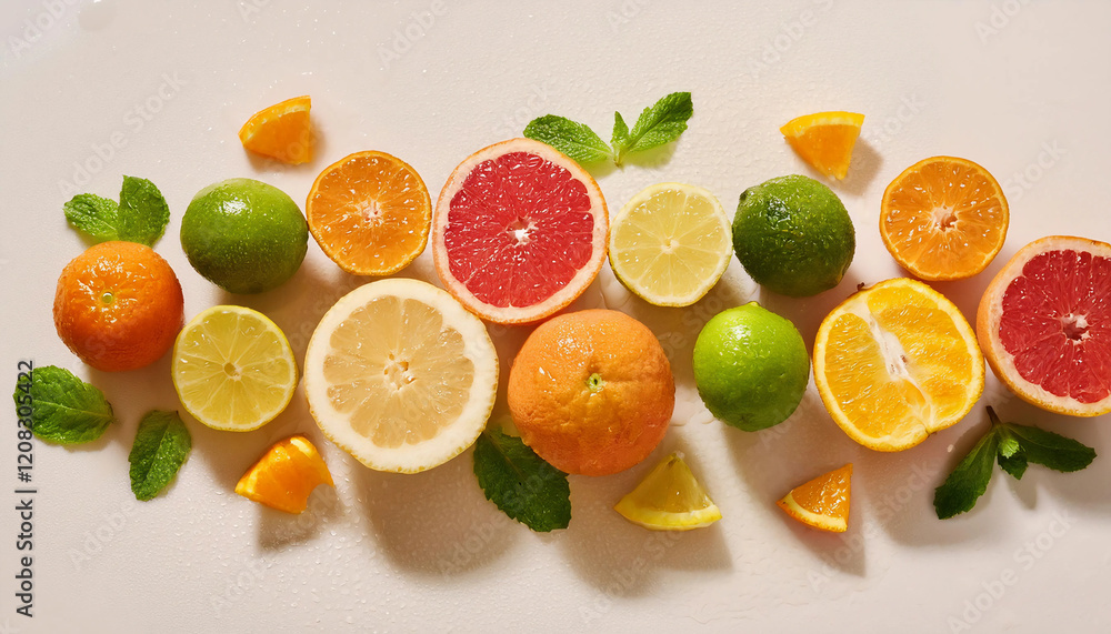 An arrangement of citrus fruits, including oranges, lemons, limes, and grapefruits, some halved, on a light background with mint leaves. Perfect for beverage visuals, tropical themes, or detox content An arrangement of citrus fruits, including oranges, lemons, limes, and grapefruits, some halved, on a light background with mint leaves. Perfect for beverage visuals, tropical themes, or detox content