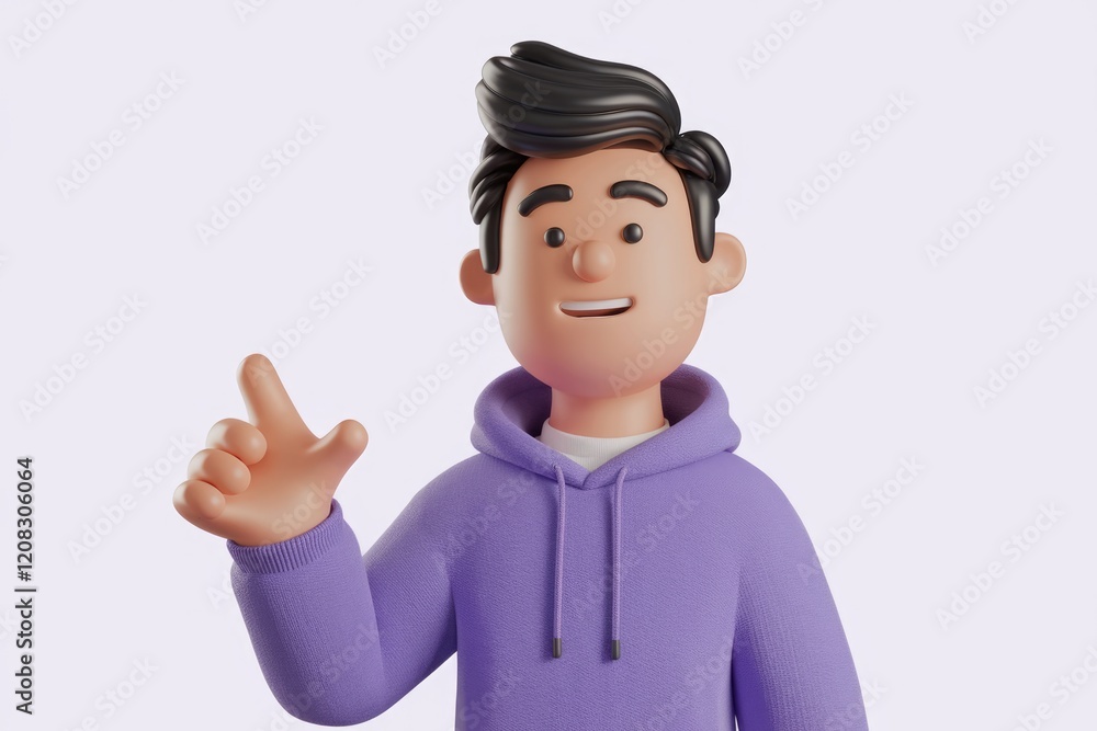 A friendly 3D cartoon man wearing a purple hoodie gestures with his hand, conveying a welcoming or helpful message. A friendly 3D cartoon man wearing a purple hoodie gestures with his hand, conveying a welcoming or helpful message.