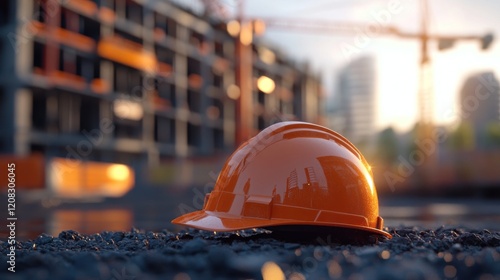 Safety helmet construction site sunset urban development