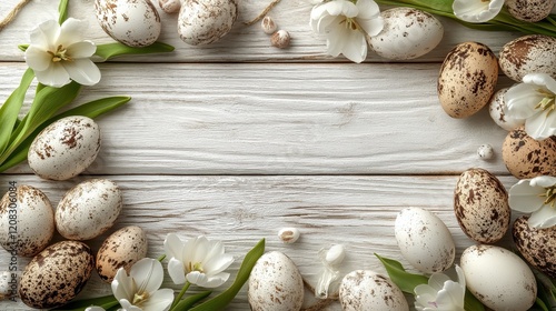 Elegant easter egg and tulip border on rustic wooden background for seasonal decor