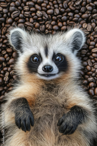 Funny musang looks into the camera while lying on coffee beans. Generated AI