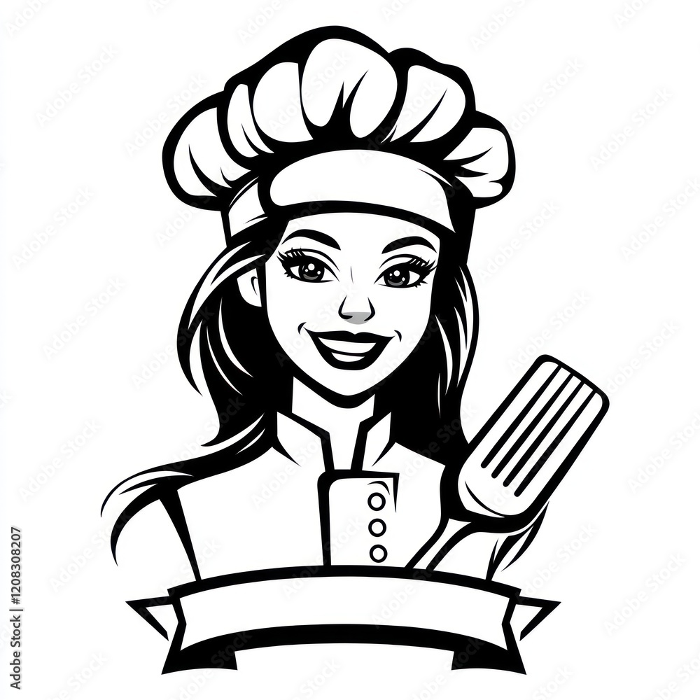 Smiling woman chef in uniform holding spatula, with banner for text, on a plain background Smiling woman chef in uniform holding spatula, with banner for text, on a plain background