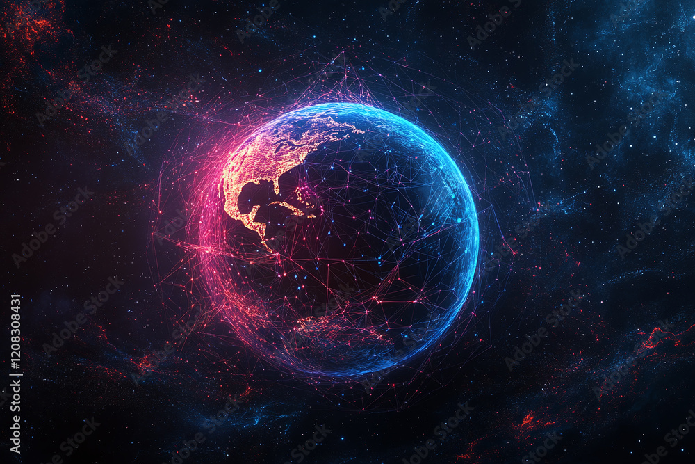 Obraz premium Futuristic Global Network with Digital Connections and Glowing Data Points in a Tech-Inspired Abstract Earth Design