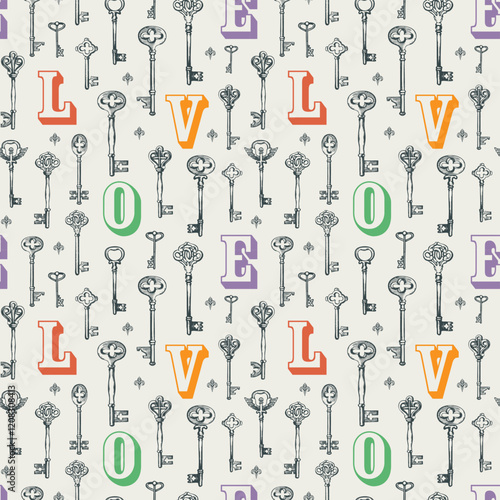 Vector seamless pattern on the theme of love with vintage keys and initial letters in retro style. Abstract background with hand-drawn illustrations. Suitable for wallpaper, wrapping paper, fabric