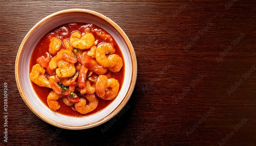gumbo shrimp food in bowl, dining table background, copy space