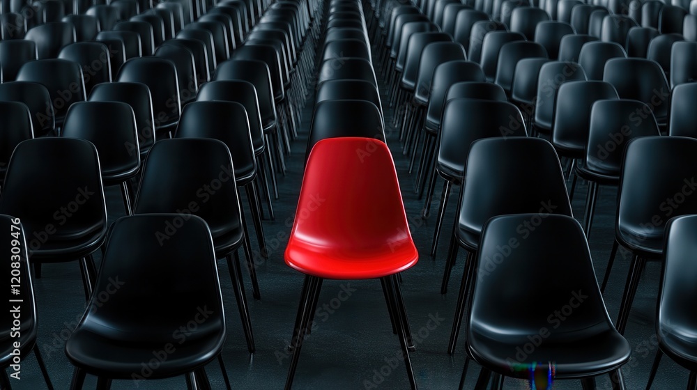 Naklejka premium A bright red chair placed among rows of standard black chairs in a conference room