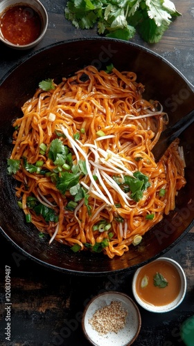 A vibrant bowl of spicy noodles topped with fresh cilantro, green onions, and bean sprouts, drizzled with savory sauce, highlighting a mix of flavors and textures. photo