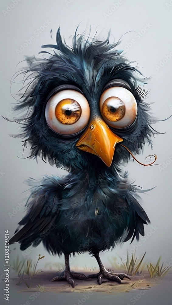 Surprised crow chick with сurly feathers: cute bird with big eyes Surprised crow chick with сurly feathers: cute bird with big eyes