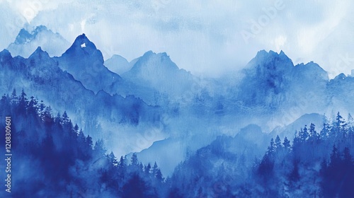 A serene mountain landscape in watercolor, influenced by the classical Chinese tradition of ink painting photo