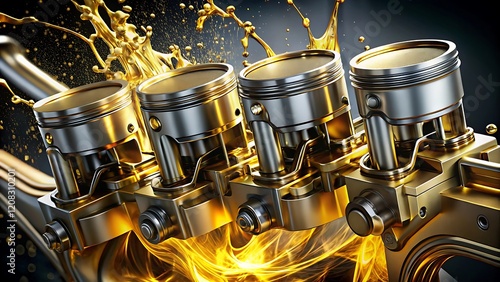 Realistic Piston Engine in Action with Golden Oil Flow Highlighting Automotive Precision and Efficiency