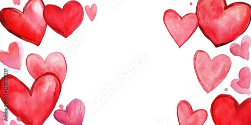 Colorful watercolor hearts in various sizes on a white background.