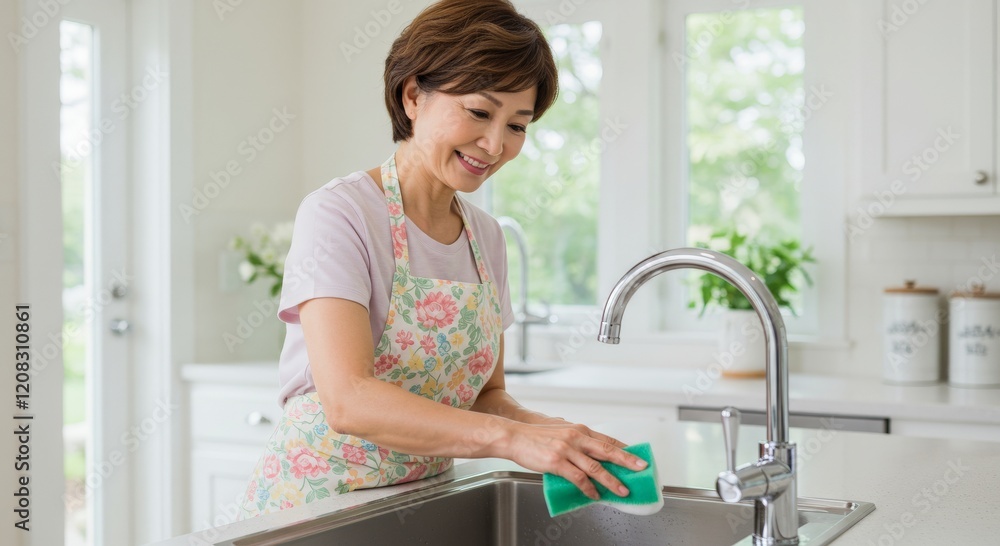 Woman cleaning clogged sink with plunger in kitchen 