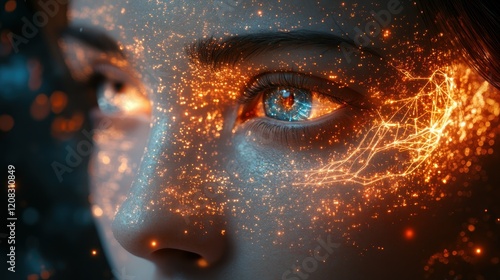 Luminous Enigma: A Digital Portrait of a Woman's Face Adorned with Glowing Particles