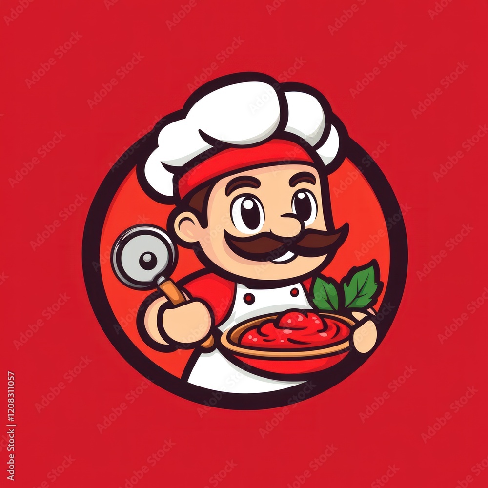 Cartoon chef holds pizza cutter and sauce bowl on red background for use in food content Cartoon chef holds pizza cutter and sauce bowl on red background for use in food content