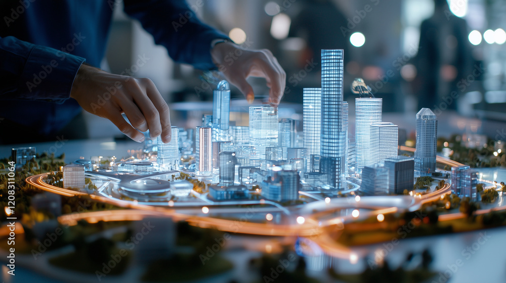 Obraz premium Robot Assisting Architect in Designing Futuristic City Model