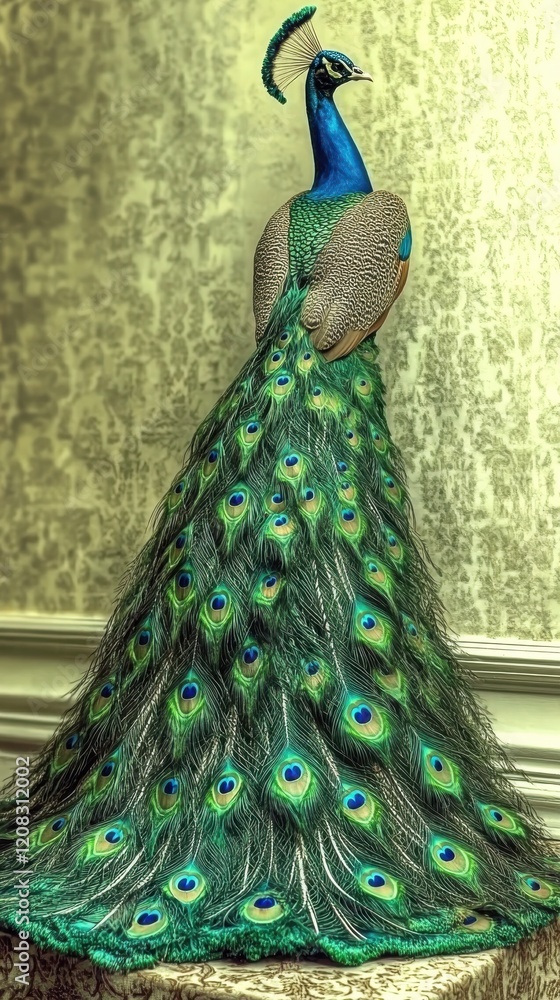 Obraz premium This beautifully posed peacock stands tall in a classic interior, radiating elegance and charm, with its intricate tail feathers unfurled and colorful markings.