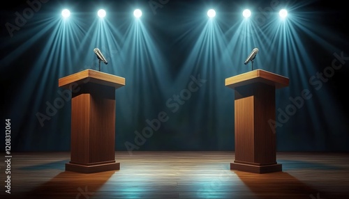 Two podiums for brilliant speeches with spotlights on stage, background with copy space area.  photo