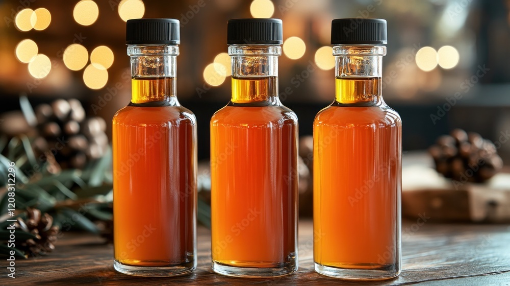 Festive maple syrup bottles on wood, bokeh lights Festive maple syrup bottles on wood, bokeh lights