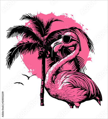 Flamingo standing on the beach with palm trees and water generative ai
 photo