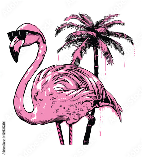 Flamingo standing on the beach with palm trees and water generative ai
