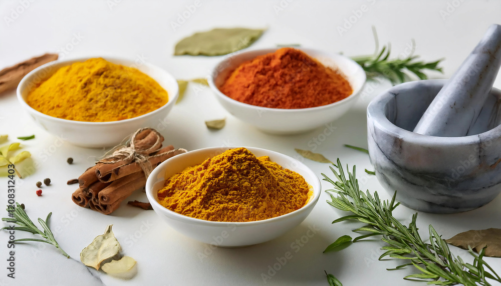 A colorful arrangement of dried herbs and spices in small bowls, including turmeric, paprika, cinnamon, and rosemary, styled on a light background with scattered leaves and a mortar and pestle A colorful arrangement of dried herbs and spices in small bowls, including turmeric, paprika, cinnamon, and rosemary, styled on a light background with scattered leaves and a mortar and pestle