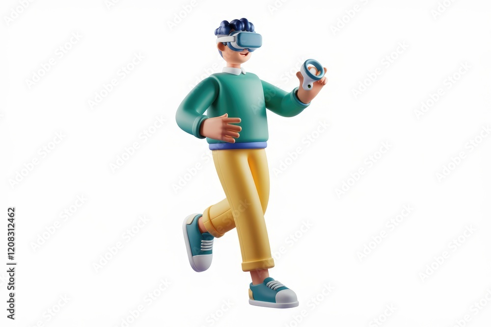 A 3D cartoon man joyfully experiences virtual reality, holding controllers. A 3D cartoon man joyfully experiences virtual reality, holding controllers.