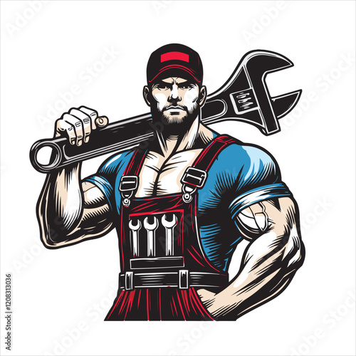 vector mechanic holding a large wrench over his shoulder