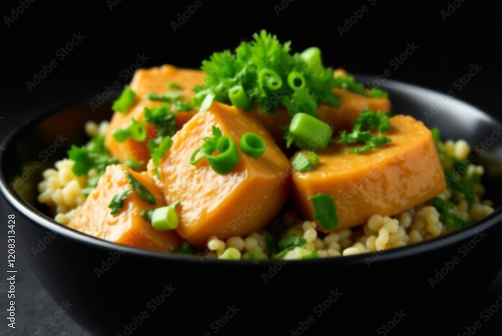 Close-up of a healthy tofu bowl with steamed broccoli and rice on a black background. Focus on the texture and vibrant colors of the food. Depth of field should emphasize the bowl and its contents. Close-up of a healthy tofu bowl with steamed broccoli and rice on a black background. Focus on the texture and vibrant colors of the food. Depth of field should emphasize the bowl and its contents.