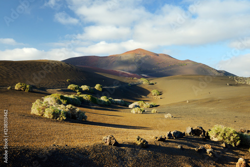 Obraz na płótnie Volcano cones and lava cinder fields of Timanfaya National Park, Lanzarote, Canary Islands. North from LZ-67 Lava Road near Uga w salonie