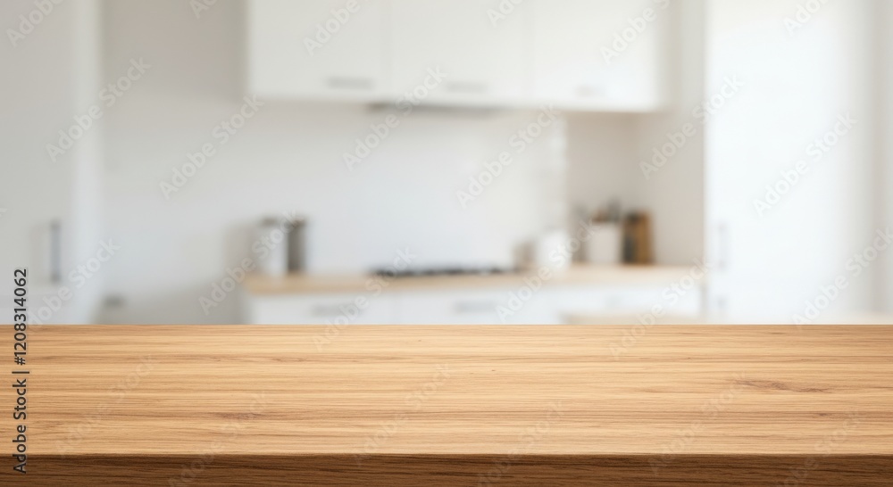 an empty wooden table with a blurred kitchen bench background. an empty wooden table with a blurred kitchen bench background.