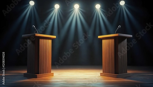 Two podiums for brilliant speeches with spotlights on stage, background with copy space area.  photo