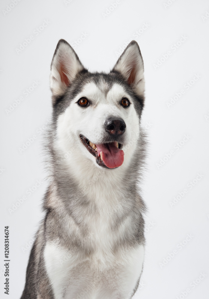 Obraz premium A close-up of a Siberian Husky smiling brightly against a white background, its tongue out and eyes sparkling. The dog's cheerful demeanor captures its playful personality.