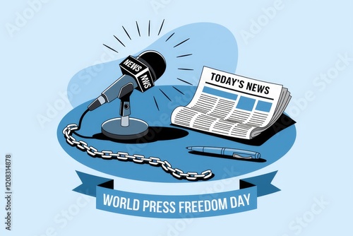 A microphone, newspaper, and pen chained symbolize World Press Freedom Day, representing the fight for unrestricted journalism.