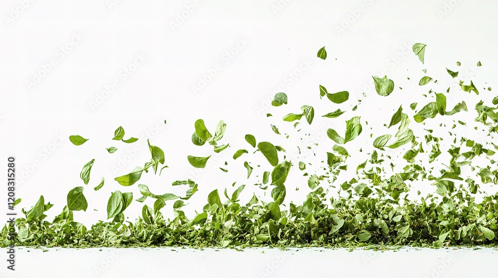 Graceful Falling Oregano Leaves in Delicate Motion on White Background Graceful Falling Oregano Leaves in Delicate Motion on White Background
