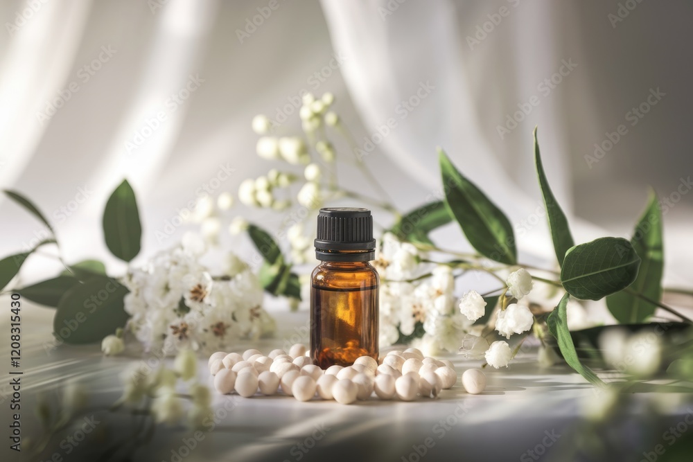 A bottle of essential oil rests amidst delicate white flowers and beads, evoking serenity and natural beauty. A bottle of essential oil rests amidst delicate white flowers and beads, evoking serenity and natural beauty.