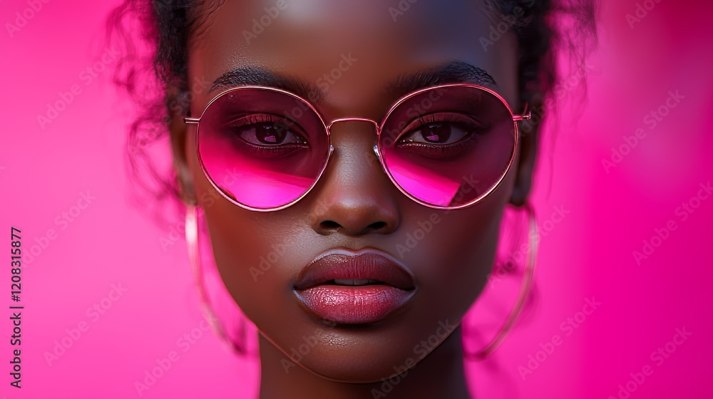 A stylish and vibrant portrait of a confident woman in sunglasses, framed against a colorful background that emphasizes her bold beauty and flair A stylish and vibrant portrait of a confident woman in sunglasses, framed against a colorful background that emphasizes her bold beauty and flair