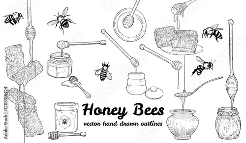 Line art bees and honeys. Hand drawn vector illustrations for both online and print projects. Highly detailed graphic assets with honey products, insect, honeycomb, jars and honey dripping.